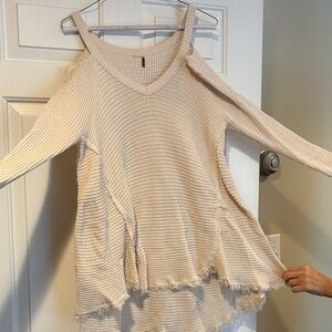 Free People Cream Cold-Shoulder Waffle V-Neck Sweater